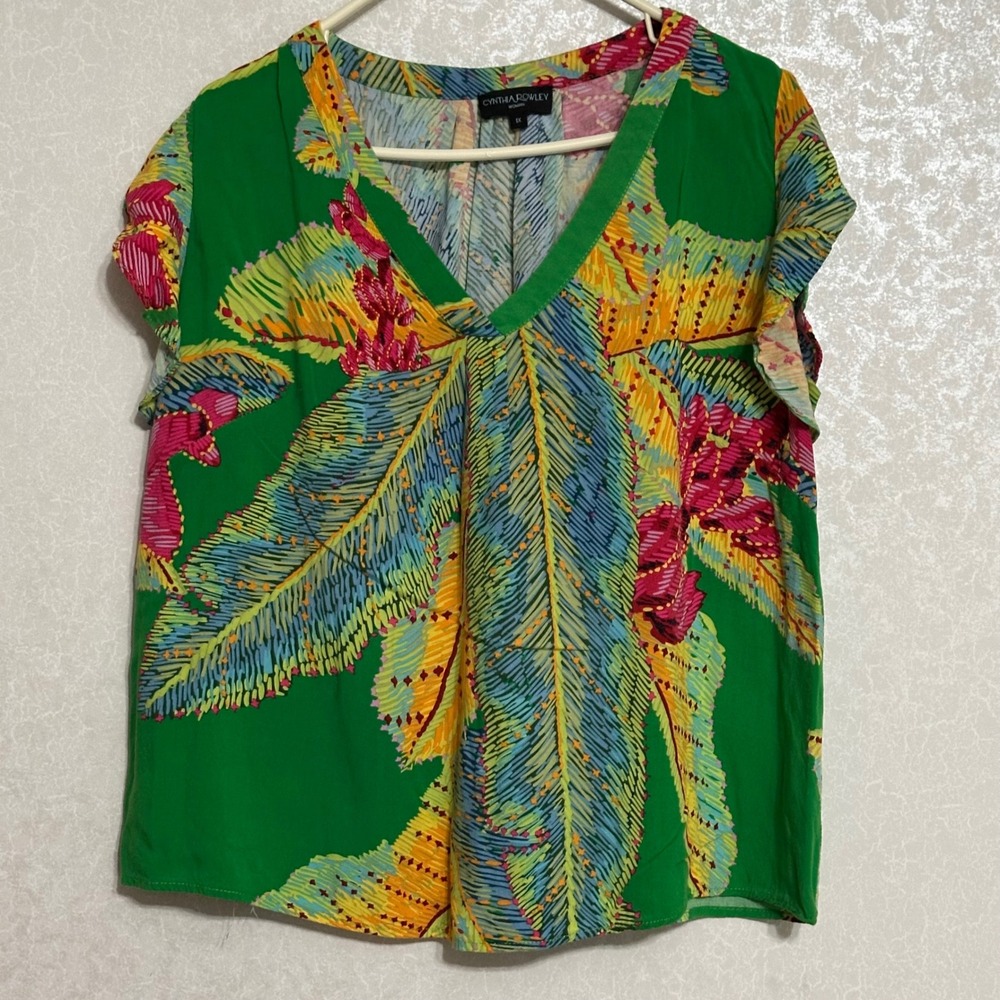 Cynthia Rowley V-neck Tropical Palm‎ Leaf Flutter Sleeve Rayon Blouse Green 1X